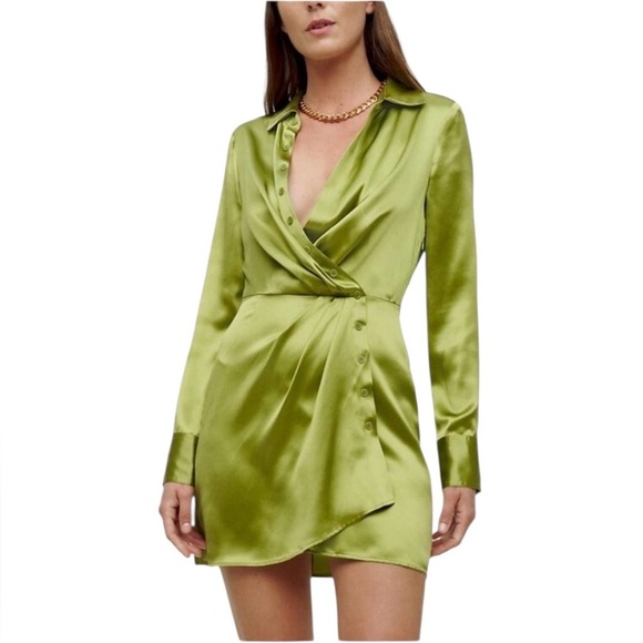 Reformation Alaine Silk Mini Dress in Avocado - Picture 1 of 12